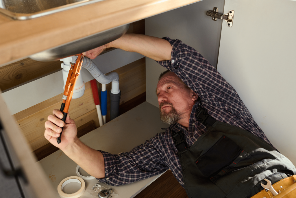 : Licensed plumber performing a pipe repair under a sink