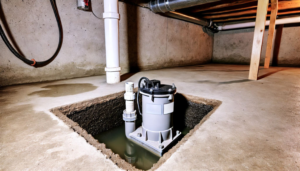 A sewage pump is installed in a residential basement